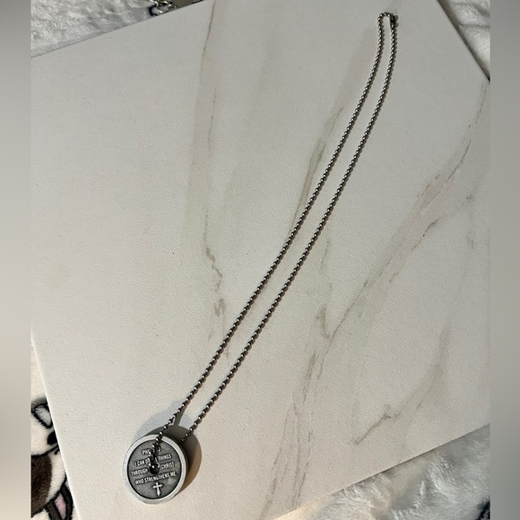 “Classic" Antique Finish Weight Plate Necklace, Philippians 4:13, approx. 22” - Picture 3 of 5